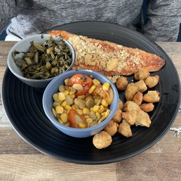 Trout, collards, okra, and succotash Trout, collards, okra, and succotash