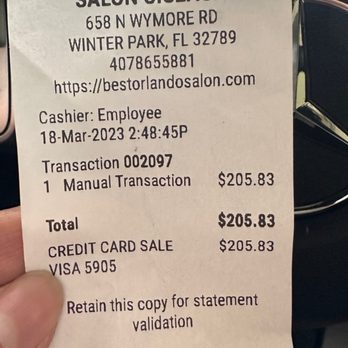 Salon Ciseaux - Visit receipt. Only $85 of the total was for product. The remaining total was for 15-minute hair trim ($110) and tax. - Hair Salons Near Me - Winter Park, Florida