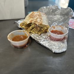 La Pasadita - Sausage breakfast burrito with mild and hot salsa.