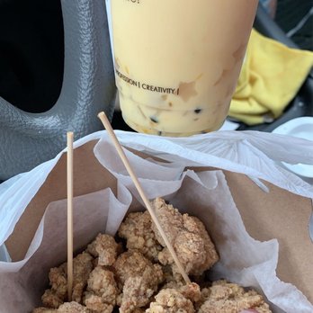 Ding Tea - Passion Fruit Milk Tea with lychee jelly stars and popcorn chicken - Bubble Tea Near Me - Sacramento, California Ding Tea - Passion Fruit Milk Tea with lychee jelly stars and popcorn chicken - Bubble Tea Near Me - Sacramento, California