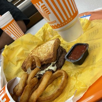 Whataburger - Whataburger Patty Melt, Onion Rings, and a dr.pepper - Burgers Near Me - Houston, Texas