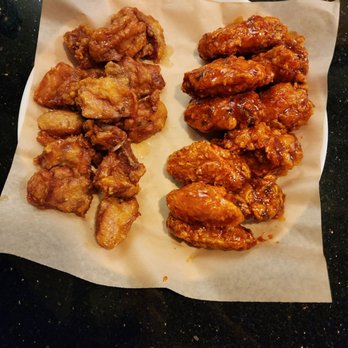 Chicken Day - Left - boneless honey lemon chicken Right- korean pepper sauce wings - Chicken Wings Near Me - Los Angeles, California