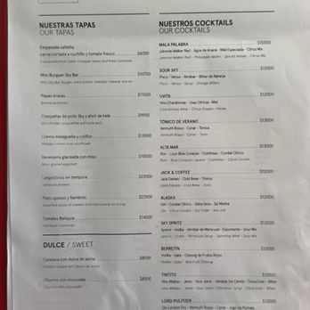 Sky Bar - The menu, page one. - Cocktail Bars Near Me - Buenos Aires, C