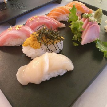 Kim's Sushi - Assortment of sushi (Toro with gold flakes, salmon, scallop, uni, hamachi sashimi) - Sushi Bars Near Me - West Orange, New Jersey Kim's Sushi - Assortment of sushi (Toro with gold flakes, salmon, scallop, uni, hamachi sashimi) - Sushi Bars Near Me - West Orange, New Jersey