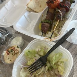Lamb kabob and salad and hummus