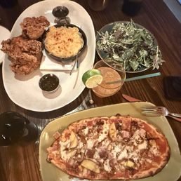 Valley Fried Chicken, Kale Caesar Salad, Peach Bacon Flatbread Valley Fried Chicken, Kale Caesar Salad, Peach Bacon Flatbread