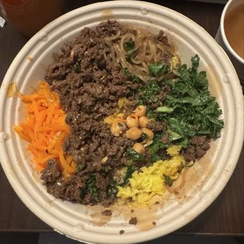 BIBIBOP Asian Grill - Korean beef, carrots, curry chickpeas, kale, lemon turmeric rice, sweet potato glass noodles, with sesame ginger sauce - Asian Fusion Near Me - Beachwood, Ohio BIBIBOP Asian Grill - Korean beef, carrots, curry chickpeas, kale, lemon turmeric rice, sweet potato glass noodles, with sesame ginger sauce - Asian Fusion Near Me - Beachwood, Ohio