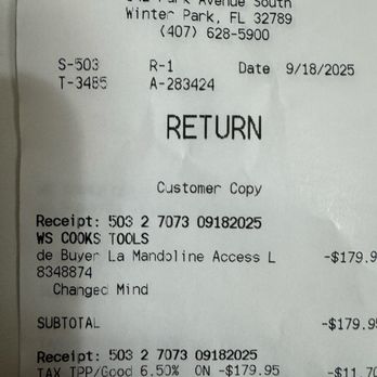 Williams Sonoma - Oh and apparently the return was bc I changed my mind! - Kitchen & Bath Near Me - Winter Park, Florida