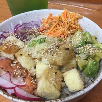 Manna Asian Cuisine - Build your own poke bowl with spicy tuna and fried tofu. Also pictured: Honeydew green tea. - Bubble Tea Near Me - Salisbury, Maryland