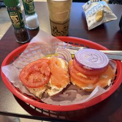 Cafe Bagel - Lox with all the toppings on a Rue bagel