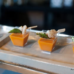 Grilled okra & shrimp skewer, spiced tomato broth