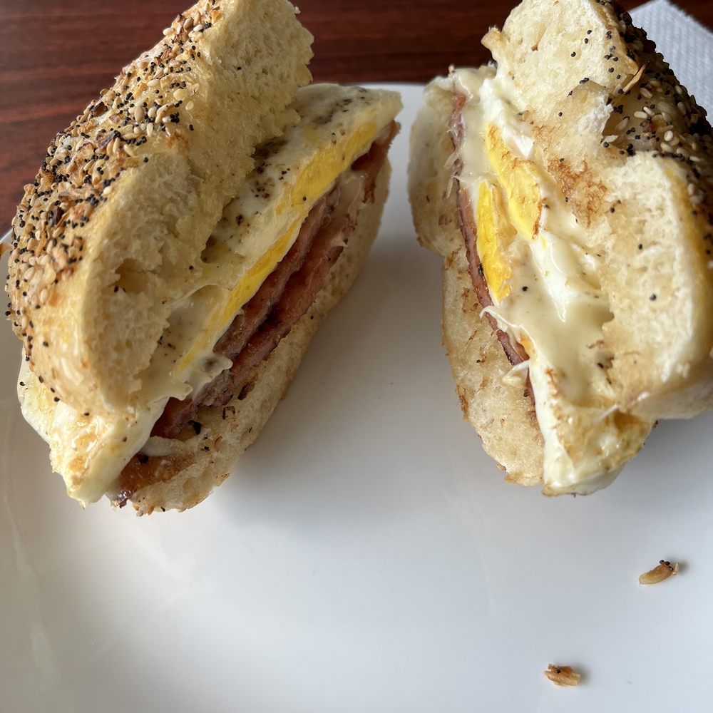 Pork roll egg and cheese on a bagel Pork roll egg and cheese on a bagel