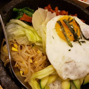 BAB Korean Bistro - Spicey chicken hotstone bibimbap no mushrooms. So good!! - Korean Near Me - Brookline, Massachusetts BAB Korean Bistro - Spicey chicken hotstone bibimbap no mushrooms. So good!! - Korean Near Me - Brookline, Massachusetts