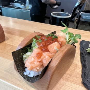 Sugo Hand Roll Bar - Chef special - salmon with ikura and some sprouts. $12 - Sushi Bars Near Me - Seattle, Washington Sugo Hand Roll Bar - Chef special - salmon with ikura and some sprouts. $12 - Sushi Bars Near Me - Seattle, Washington