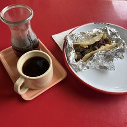 Pour over coffee and brisket breakfast taco! Pour over coffee and brisket breakfast taco!
