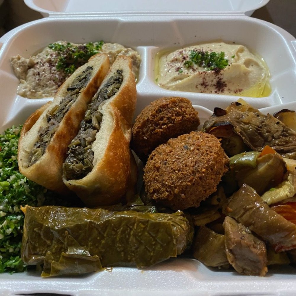 Mystic Grill - Vegetarian Platter w/ Dolmas, Spanakopita, Falafel, Tabouli, Eggplant, Babaganouj, & Hummus - Mediterranean Near Me - San Diego, California Mystic Grill - Vegetarian Platter w/ Dolmas, Spanakopita, Falafel, Tabouli, Eggplant, Babaganouj, & Hummus - Mediterranean Near Me - San Diego, California
