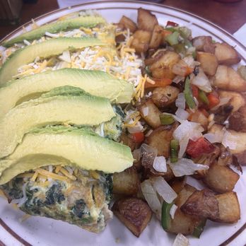 Serrano's Cafe - Spinach, mushroom, avocado omelette with home fries - Breakfast & Brunch Near Me - West Sacramento, California Serrano's Cafe - Spinach, mushroom, avocado omelette with home fries - Breakfast & Brunch Near Me - West Sacramento, California