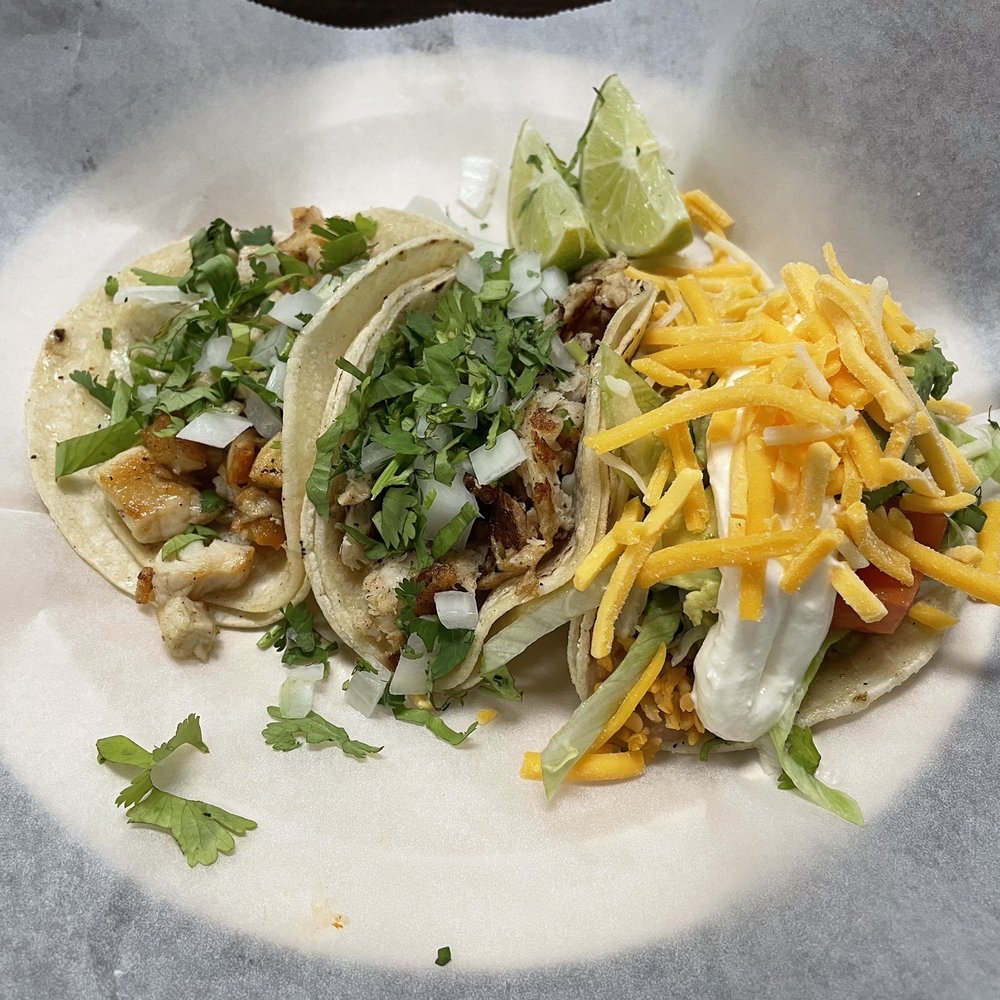 The Taco Shop - Tacos (left to right): Grilled chicken, Fish (Tilapia), and Veggie - Mexican Near Me - Oxford, Mississippi The Taco Shop - Tacos (left to right): Grilled chicken, Fish (Tilapia), and Veggie - Mexican Near Me - Oxford, Mississippi