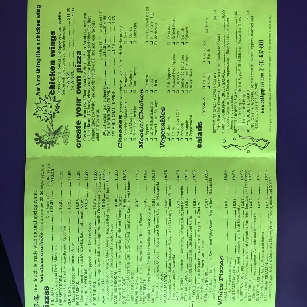 Betty's Pizza Shack - Great menu - pizza emphasis - Pizza Near Me - Lenox, Massachusetts