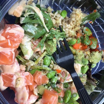Poke Bros - fresh cube cut salmon, mixture of 1/2 brown rice/salad, avocado, edamame, cucumber, masago, green onion, seaweed salad - Poke Near Me - Dover, Delaware