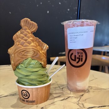 Uji Time Dessert - Matcha soft serve w/ taiyaki on top + Yuzu dragonfruit tea w/ vanilla soft serve - Desserts Near Me - Concord, California Uji Time Dessert - Matcha soft serve w/ taiyaki on top + Yuzu dragonfruit tea w/ vanilla soft serve - Desserts Near Me - Concord, California