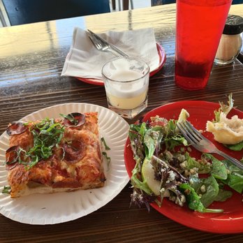 Home Slice Pizza - Sicilian Pepperoni; Pear Pear Gorgonzola Salad; Slicey Sour Cocktail....my favorite combo - Pizza Near Me - Austin, Texas