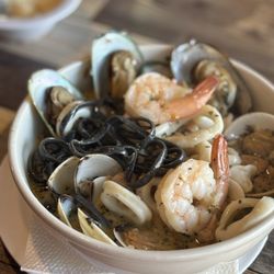 Broccolini - Squid ink pasta with seafood
