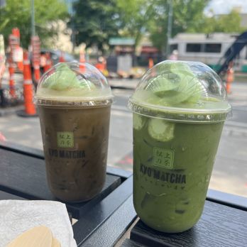 Kyo Matcha - Roasted green tea float (left), matcha float (right) - Desserts Near Me - Brookline, Massachusetts Kyo Matcha - Roasted green tea float (left), matcha float (right) - Desserts Near Me - Brookline, Massachusetts