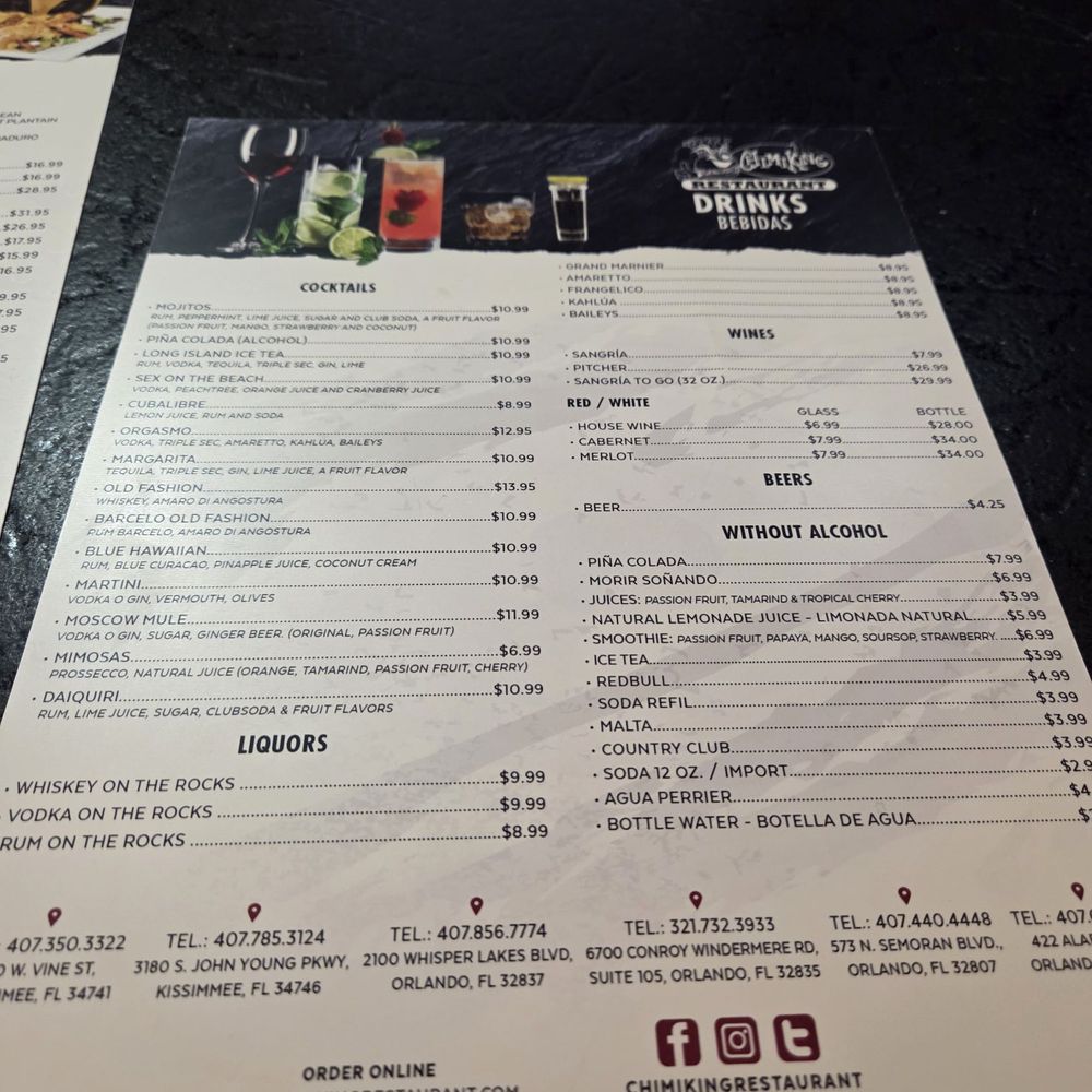 Chimiking Restaurant - Whisperlakes - Cocktail menu - Latin American Near Me - Orlando, Florida