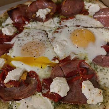 Pizzetta 211 - Farm egg pizza with pesto, salami, goat cheese, etc. - Pizza Near Me - San Francisco, California Pizzetta 211 - Farm egg pizza with pesto, salami, goat cheese, etc. - Pizza Near Me - San Francisco, California