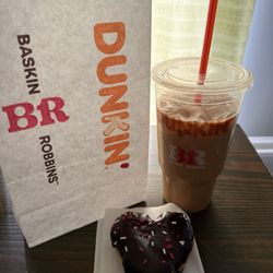 Dunkin' - Large French Vanilla Iced Coffee with Cream and Heart Brownie Batter Donut