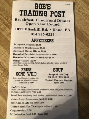 Menu photo 7 Bob's Trading Post Kane, PA
