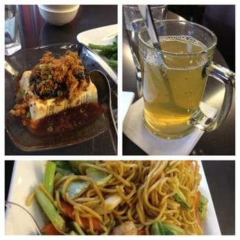 Facing East - Silken tofu with aged duck eggs (!), chrysanthemum tea, chow mein w/chicken, fish cake and shrimp. - Chinese Near Me - Bellevue, Washington