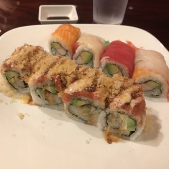 Sake Bomb - Front: Red Dragon Roll. Back: Rainbow Roll. - Asian Fusion Near Me - Durham, North Carolina