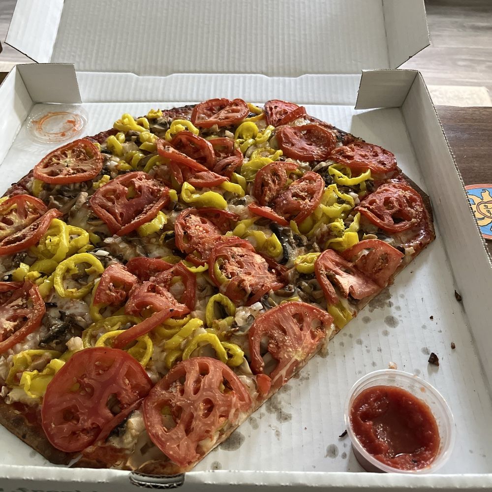 Veggie pizza (tomato, mushroom, banana pepper, onion) but we should have gotten more sauce to dip it in Veggie pizza (tomato, mushroom, banana pepper, onion) but we should have gotten more sauce to dip it in