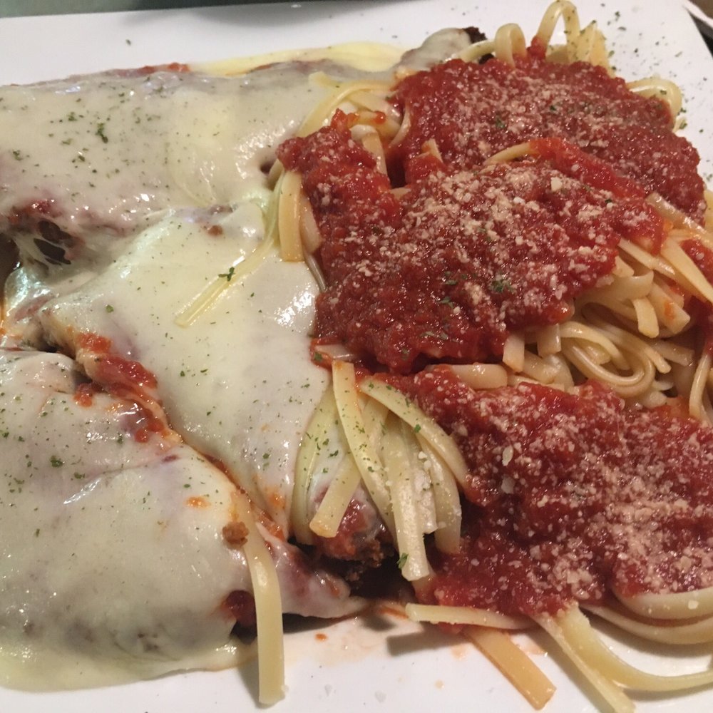 Veal parmigiana and Linguine: (and a nice size salad) VG!!!! Two very generous pieces. Veal parmigiana and Linguine: (and a nice size salad) VG!!!! Two very generous pieces.