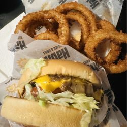 Habit Burger & Grill - Charburger with Cheese & side of Onion Rings!!
