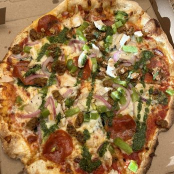 MOD Pizza - Pepperoni, peppers, onions, spinach, pesto sauce, chicken sausage and chicken - Fast Food Near Me - Charlotte, North Carolina