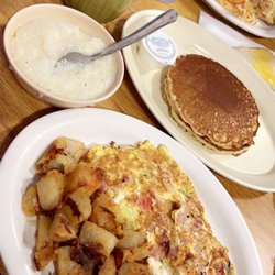 Mom's Family Restaurant - Omelette with home fries, pancakes, grits and coffee