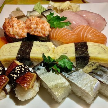 Sushi Miyagi - Saba battera, hamachi, chopped scallop, sake, tamago, unagi - Sushi Bars Near Me - Houston, Texas Sushi Miyagi - Saba battera, hamachi, chopped scallop, sake, tamago, unagi - Sushi Bars Near Me - Houston, Texas