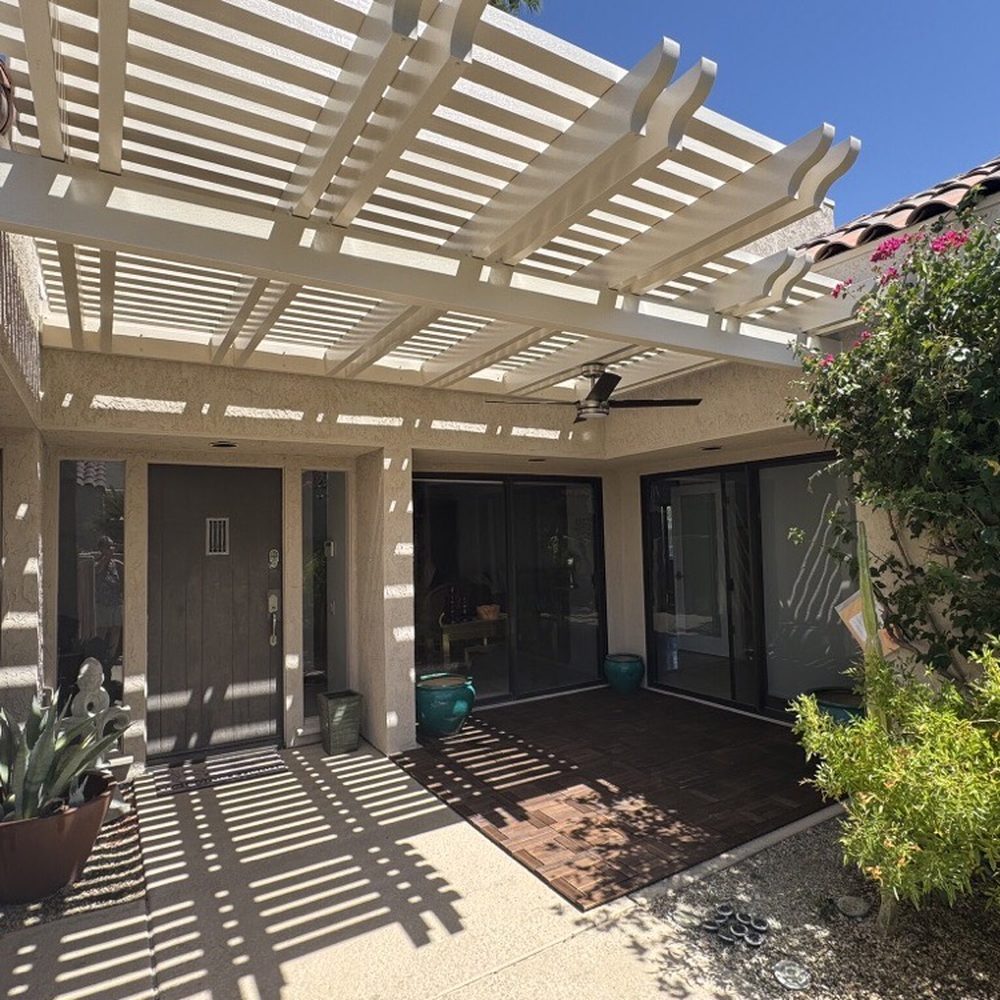 Alumawood patio cover and fan in front courtyard Alumawood patio cover and fan in front courtyard