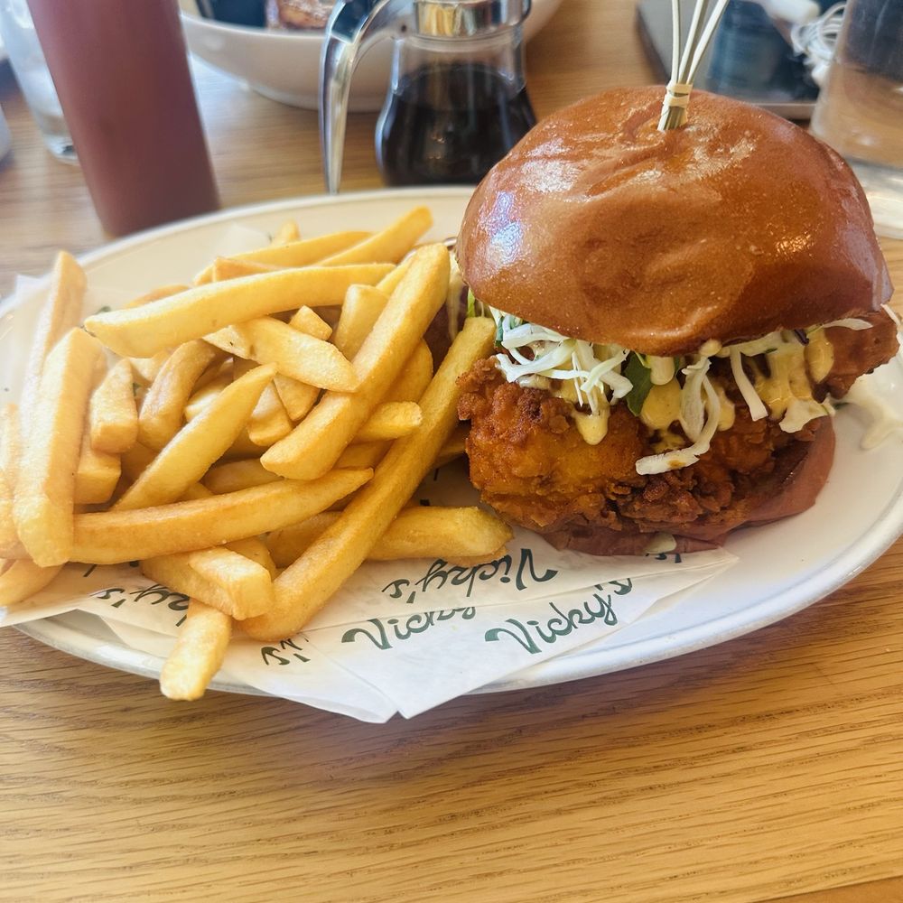 Vicky's All Day - Fried Chicken Sando:
honey sriracha sauce, brioche bun, pickled slaw, spices, fries - Breakfast & Brunch Near Me - Los Angeles, California Vicky's All Day - Fried Chicken Sando:
honey sriracha sauce, brioche bun, pickled slaw, spices, fries - Breakfast & Brunch Near Me - Los Angeles, California