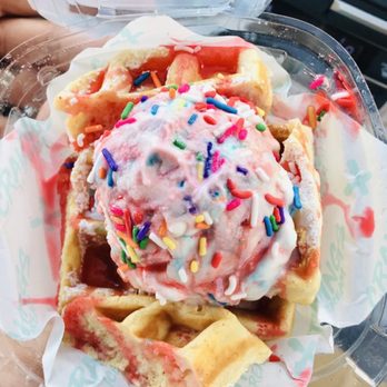 Cravings Ice Cream - Birthday Cake scoop with Waffle Bites and Strawberry Drizzle - Ice Cream & Frozen Yogurt Near Me - Bellflower, California Cravings Ice Cream - Birthday Cake scoop with Waffle Bites and Strawberry Drizzle - Ice Cream & Frozen Yogurt Near Me - Bellflower, California