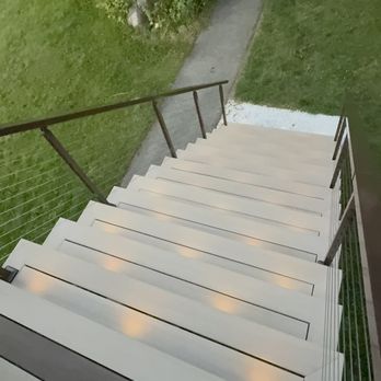 Renaissance Deck Builders - The stairs and lighting on our timbertech deck in Peru, Ma. - Decks & Railing Near Me - Pittsfield, Massachusetts