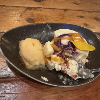 Farm & Table - Peach sorbet with blackberry cheesecake ginger and  seed crust. - New American Near Me - Albuquerque, New Mexico