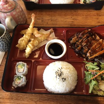 Sushi Today - Teriyaki Bento box with tea. There were 5 shrimps before my taste test. - Sushi Bars Near Me - Renton, Washington