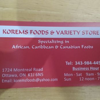 Korems Foods & Variety Store - Business card. I have a special place in my heart for places that still print business cards. I'm so old school ;) - International Grocery Near Me - Gloucester, Ontario