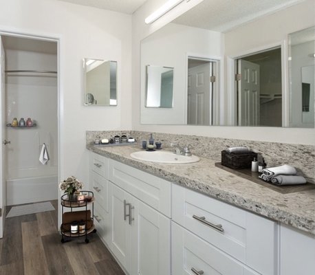 California Villages - West Covina & Pico Rivera - Our GQC013 Hermosa Wave countertops were used for all bathroom in the newley updated California Villages Apartment Building located in West Covina, CA and Pico Rivera, CA.