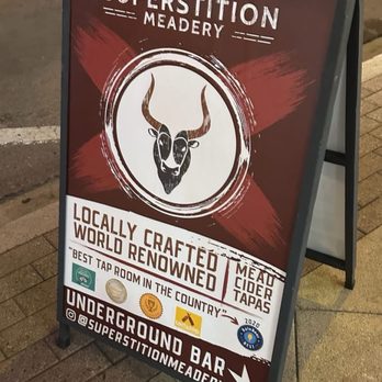 Superstition Meadery - The sandwich board from the outside that directs you TO the meadery - Tapas/Small Plates Near Me - Prescott, Arizona Superstition Meadery - The sandwich board from the outside that directs you TO the meadery - Tapas/Small Plates Near Me - Prescott, Arizona