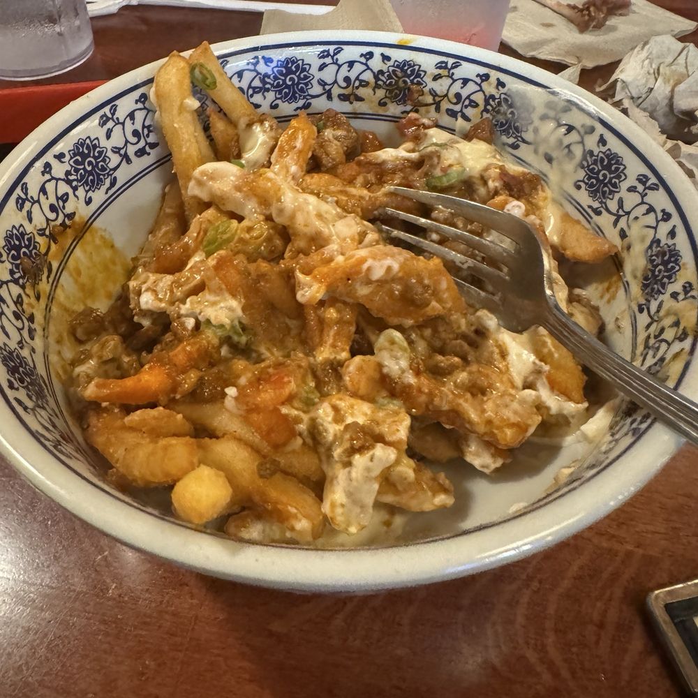 King BBQ - MAPO CHEESE FRIES: spicy pork, cheese sauce, and battered fries - Barbeque Near Me - North Charleston, South Carolina